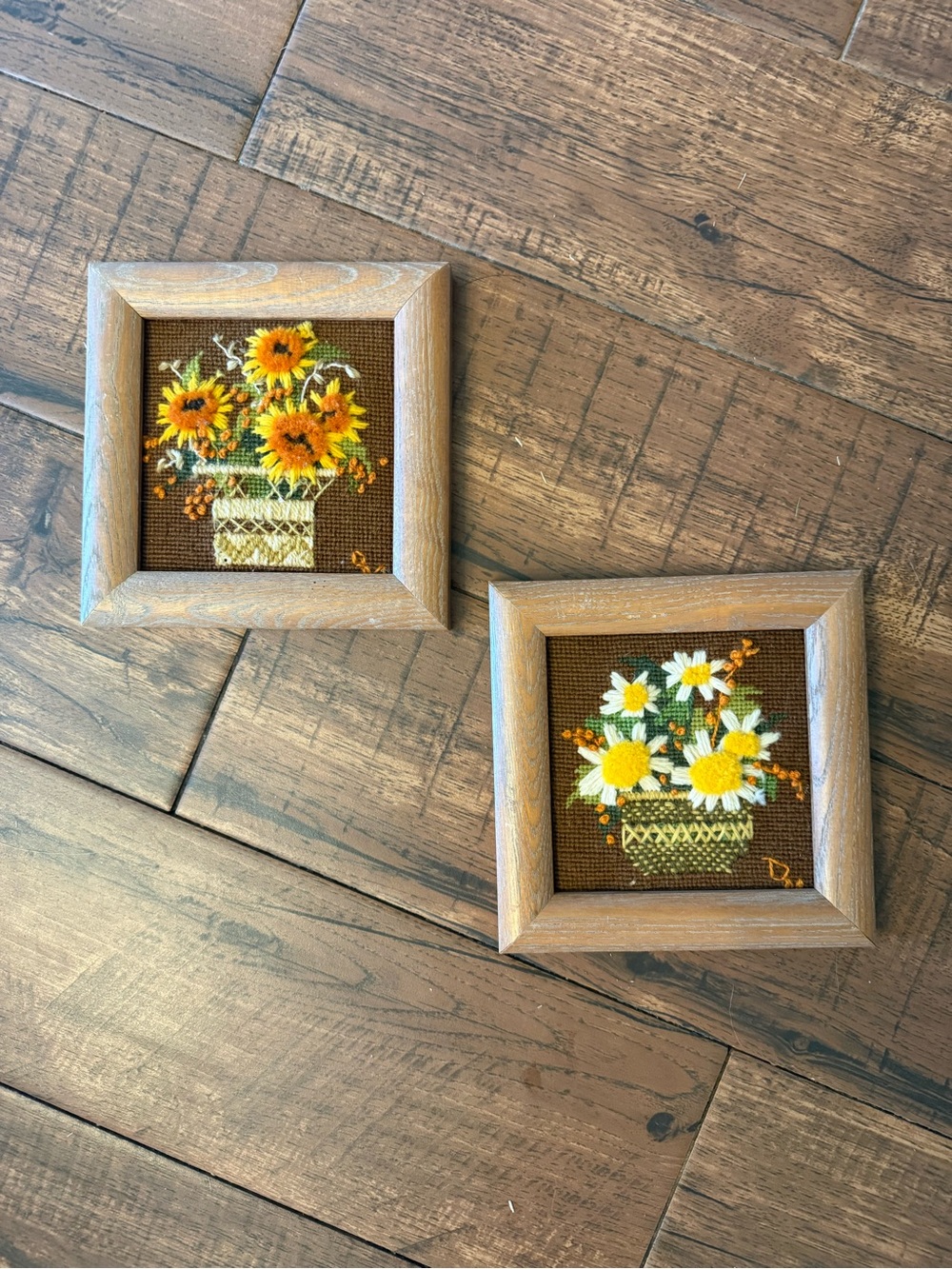 Vintage Floral Cross Stitch Wall Art Pair 7x7 Sunflower Daisy Cottagecore